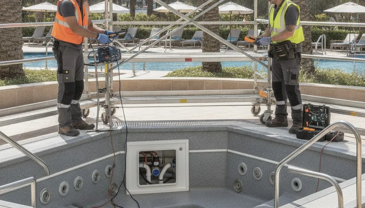 Spokane, WA spa repair plumber servicing a home spa for reliable plumbing maintenance